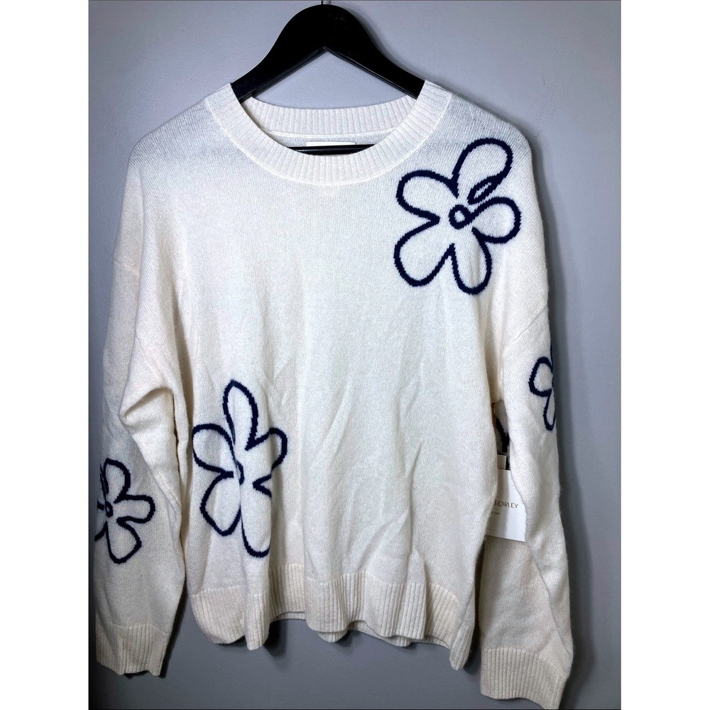 NWT Cynthia Rowley 100% 2-Ply Cashmere Cream Sweater Navy Floral Size XL